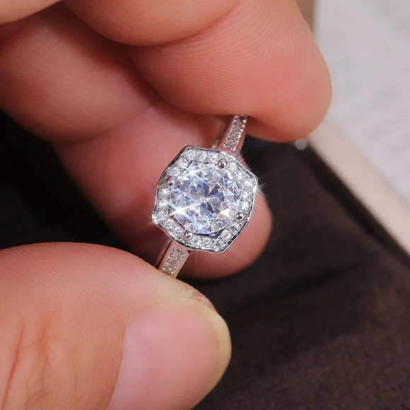 🌸Engagement Hollow Anillos Sparkling Round CZ Dainty Silver Rings, L133 - Picture 6 of 7